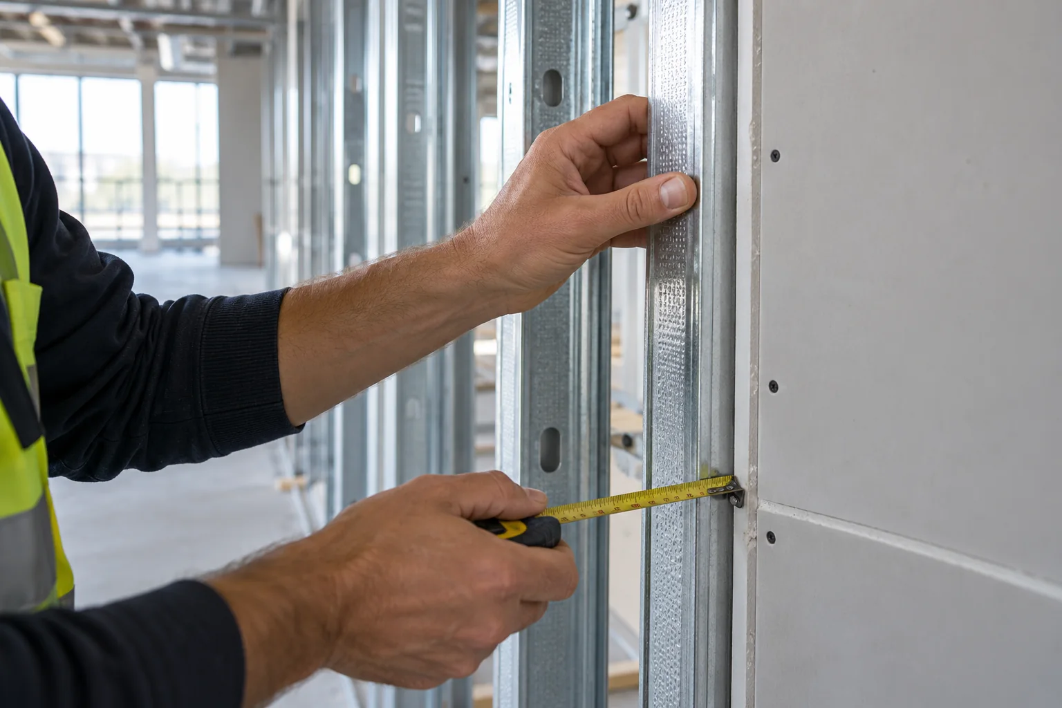 Close-up of a contractor checking precision metal framing.
