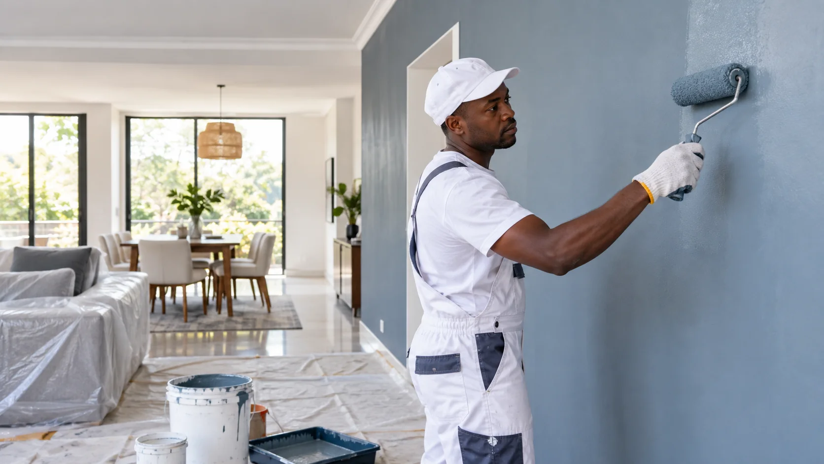 Kenyan professional painter applying an even blue-grey finish in a bright interior.