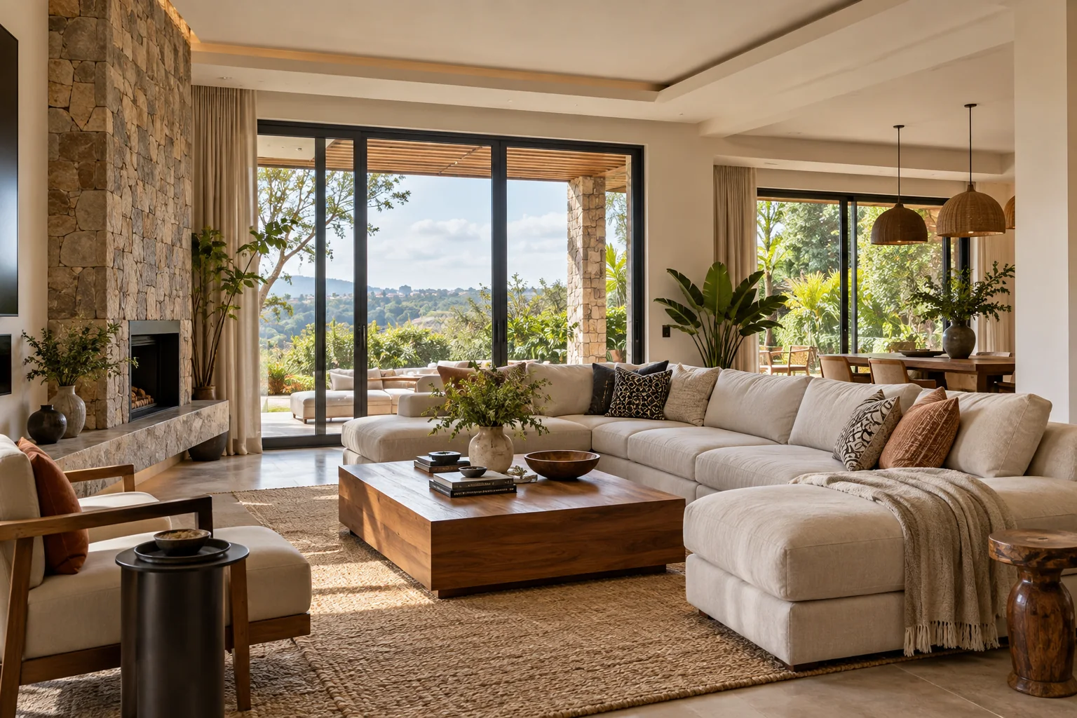 Finished contemporary living room with warm ivory walls and natural materials.